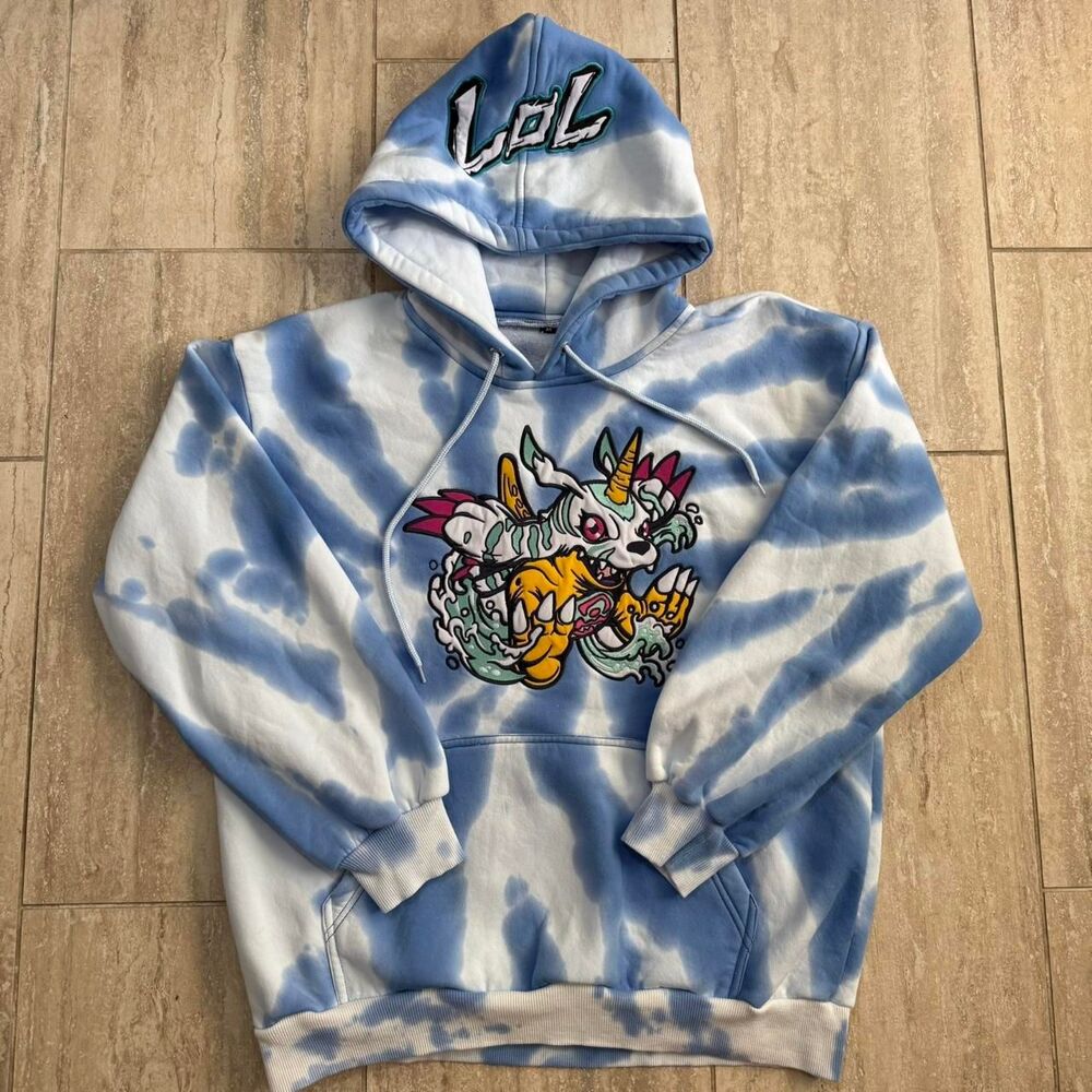 Lovers Over Losers LOL Digimon Gabumon Embroidered Tie Dye Hoodie Y2K Anime M